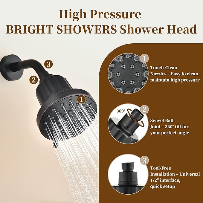 BRIGHT SHOWERS Filtered Shower Head, High Pressure Fixed Showerhead for Hard Water, Dual-Media Filter Removes Chlorine & Impurities, 8 Spray Modes, Oil Rubbed Bronze