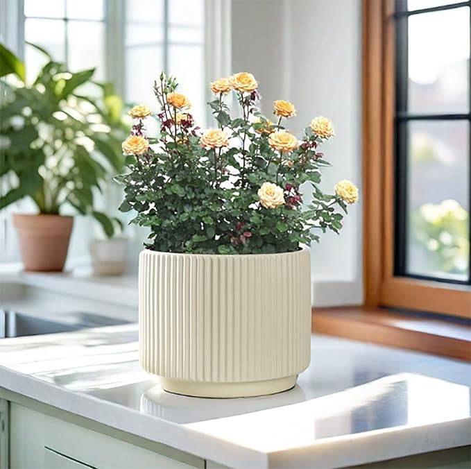 Ceramic 4.9+6.3 inch Planters, Modern Home and Office Flowerpot, Indoor and Outdoor Flowerpot with Drainage Hole (Light Yellow)