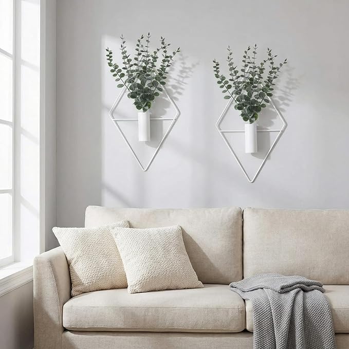Jexine Hanging Planters with Artificial Eucalyptus Metal Hanging Vase Indoor Plants Holder Modern Geometric Boho Bathroom Wall Decor for Living Room Home Office(White,4 Pcs)