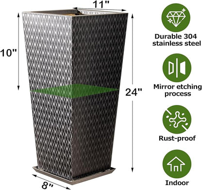 Luxury Stainless Steel Black Taper Tall Planter Box Set of 2 with Mirror Etching No Coating 24”H Top 11” Bottom 8”,Decrative Pot Indoor, Modern Décor for Home,Office,Tall Plants,Trees,Flowers