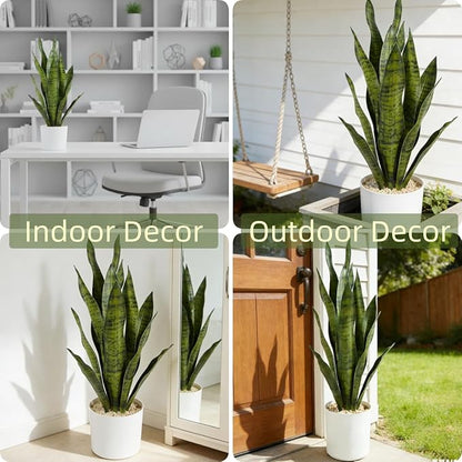 Fake Snake Plant, 27in Fake Plant with White Pot Realistic Leaves, Low Maintenance Artificial Potted Plants for Indoor Decor, No Watering Needed, Perfect for Home, Office & Pet Areas