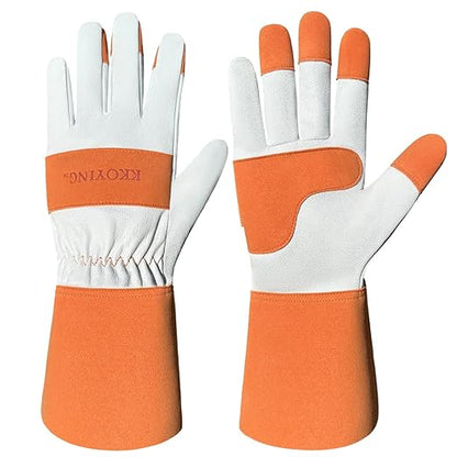 Gardening Gloves, Long Thorn Proof Garden Gloves for Women and Men, Goatskin Breathable Leather Work Gloves for Gardening, Pruning, Yard Work, Brown, S