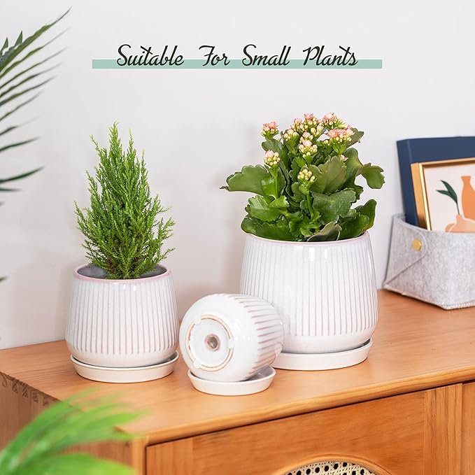 TAMAYKIM 7 + 5.5 + 4.25 Inch Ceramic Plant Pots with Drainage Hole and Ceramic Tray, Adorable Pink Flower Planter Pot Sets for Indoor Outdoor Plants, Succulent, Snake Plants, Cactus & Herbs, Set of 3