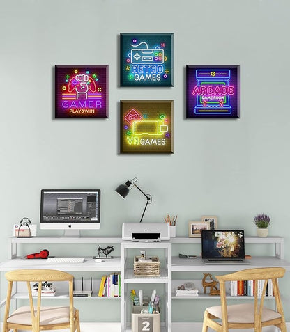 BLINFEIRU Game Room Decor Wall Art Video Gaming Pictures Canvas Prints 4 Piece Cool Pop Gaming Posters for Teen Room Boys Bedroom Framed Ready to Hang 12"x12"x4