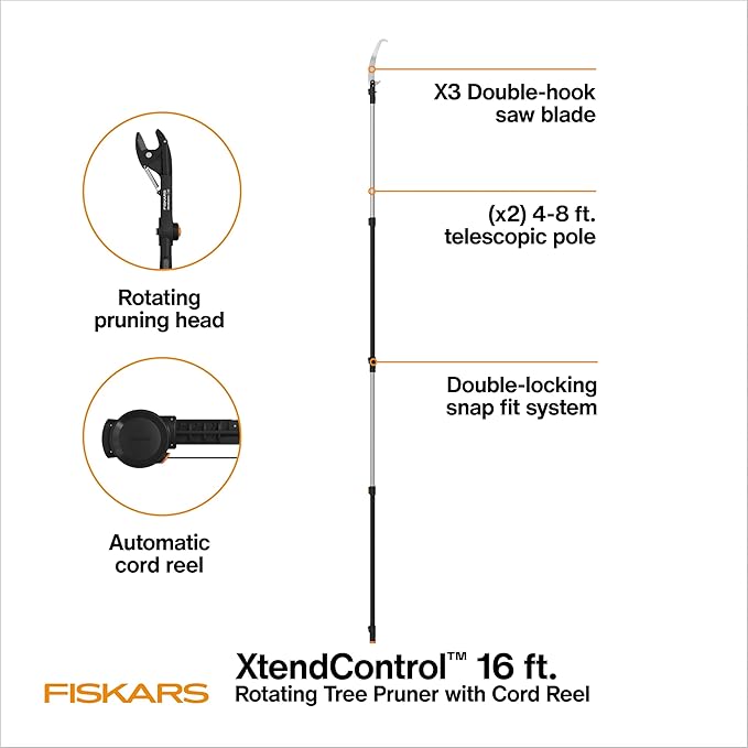 Fiskars XtendControl Extendable Tree Pruner (12 ft), Pole Saw, Adjustable Branch Trimmer with 15" X1 Saw, 3-6 ft Extension Poles, and Secure Locking System for Precision Cutting