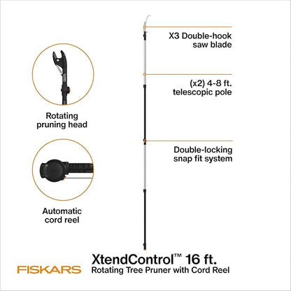 Fiskars XtendControl Extendable Tree Pruner (12 ft), Pole Saw, Adjustable Branch Trimmer with 15" X1 Saw, 3-6 ft Extension Poles, and Secure Locking System for Precision Cutting