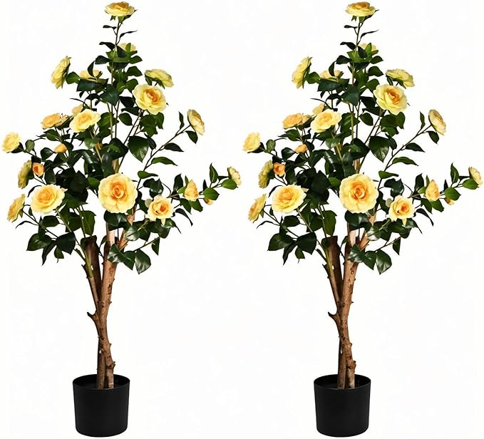 2pc 4ft Decorative Artificial Camellia Tree with Yellow Flowers, Potted Faux Floral Plant, Realistic Blooming Fake Plants for Indoor Outdoor Home Front Door Planter Decor