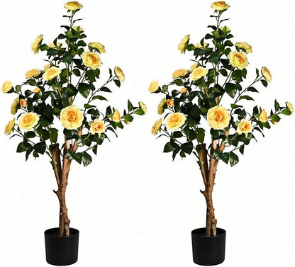 2pc 4ft Decorative Artificial Camellia Tree with Yellow Flowers, Potted Faux Floral Plant, Realistic Blooming Fake Plants for Indoor Outdoor Home Front Door Planter Decor