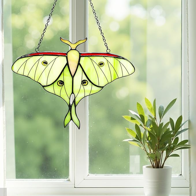 Luna Moth Stained Glass Window Hanging,Handcrafted Real Stained Glass Butterfly Window Suncatchers for Home Indoor Decor, Christmas Mother's Day Birthday Gifts for Women, Mom, Grandma