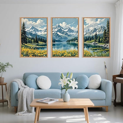 BICERE Large Snow Mountain Wildflower Framed Canvas Wall Art,Pine Tree Woodland Wall Decor,Forest Floral Lake Wall Painting,Watercolor Scenery Artwork for Living Room,Bedroom,Dining Room,Office -24"x36"x3