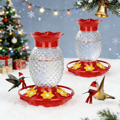 Glass Hummingbird Feeders for Outdoors Hanging Ant and Bee Proof 16OZ 2 Pack Clear Pineapple Humming Bird Feeder with 6 Feeding Ports and Ant Moat Hummingbird Gifts for Women Garden Decor