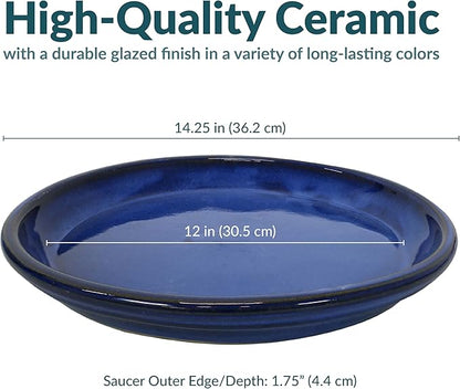 Sunnydaze 12-Inch Ceramic Plant Saucers - Plant Drip Trays for Outdoor Planter Flowerpot Drainage - Set of 4 - Imperial Blue