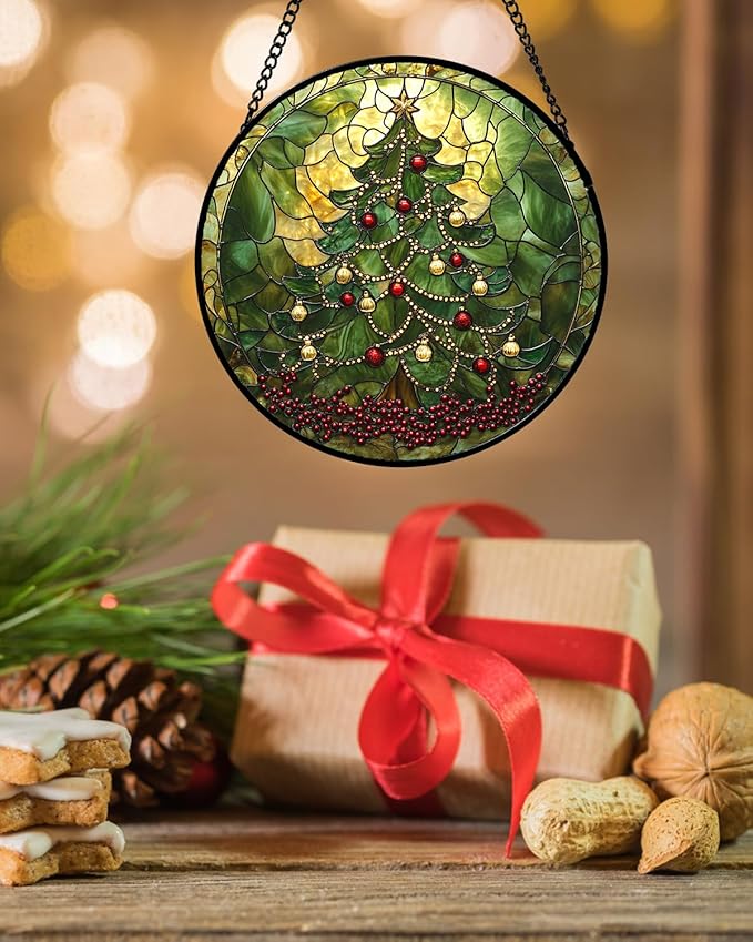 Stained Glass Window Hanging - Retro Green Christmas Tree Suncatcher for Doors Home Christmas Decoration Sun Catcher Thanksgiving New Year Birthday Gifts for Women Men Mom Nana 6.3 in