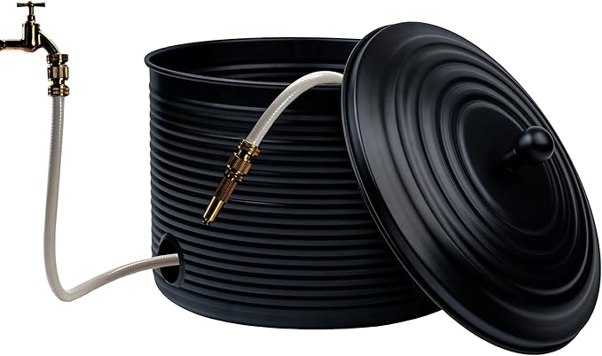 Garden Hose Holder Storage Pot with Lid Antique Ribbed | Water Hose Container Pot Outdoor or Indoor Use | Expandable Water Hose Hider Metal | Holds 125 ft Hose