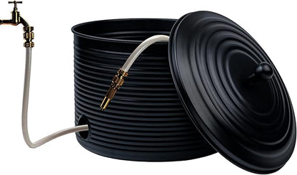 Garden Hose Holder Storage Pot with Lid Antique Ribbed | Water Hose Container Pot Outdoor or Indoor Use | Expandable Water Hose Hider Metal | Holds 125 ft Hose