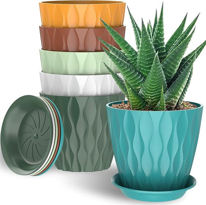 6 Pack 7 Inch Indoor Plant Pots with Drainage Holes, Outdoor Plastic Decorative Flower Pots, Garden Planters with Tray Saucers for Orchids, Violets, Succulents, Herbs, and Other Plants