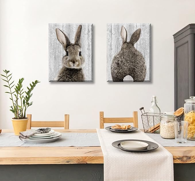 BLINFEIRU Bunny Decor Nursery Wall Art Prints, Brown Lovely Rabbit Pictures for Baby Kids Room Wall Decoration, Cute Easter Animal Canvas Artwork, Framed Ready to Hang 12"x16"x2