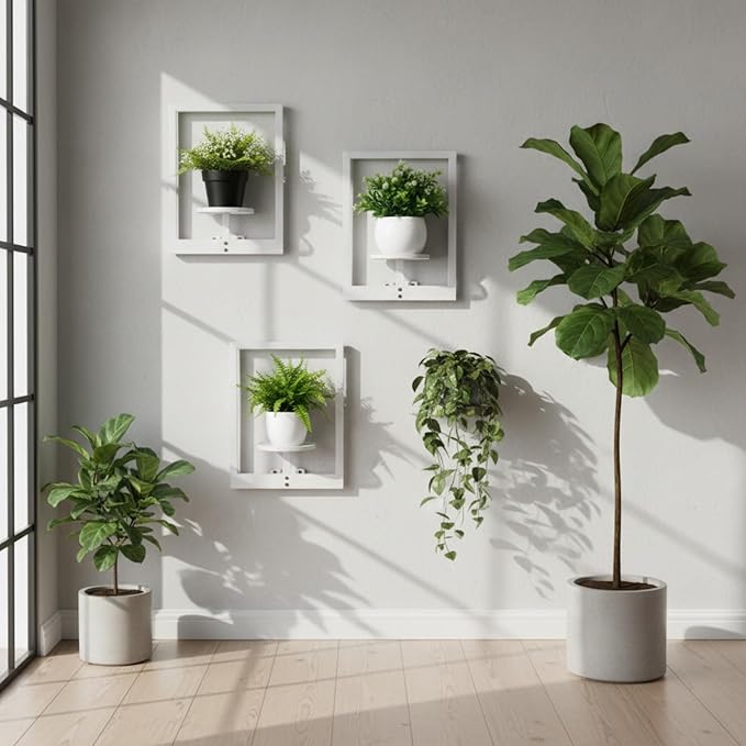 3 Pcs Wall Plant Holder Window Wooden Plant Shelves Photo Frame Planters Pot Holder Indoor Planters Wall Hanging Flower Pot Rack for Home Living Room Bedroom Entrance(Distressed White)