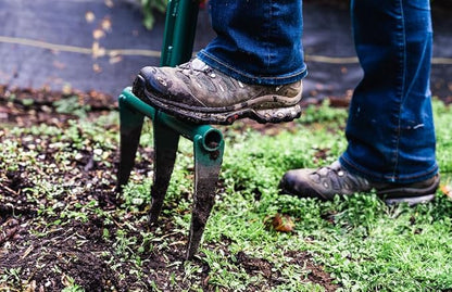 Raised Bed Garden Fork - Green, 9" Tines, 12" Width, 25.5" Height, 8 lbs, Manual Operation, Metal