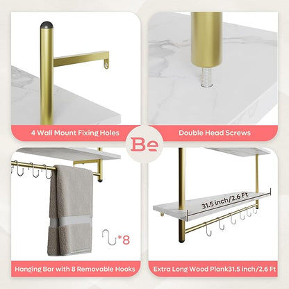 Bestier Floating Shelving 31" Kitchen Wall - Mounted Shelf with Towel Bar Hooks Coffee Bar Shelf Wine Hanging Display Rack Bookshelf Living Room Decor Bathroom - White Marble