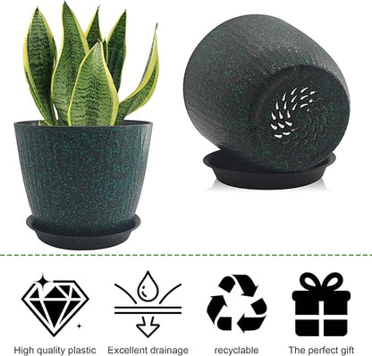 8/7/6 inch Plant Pots, 3 Pack Flower Pots for Outdoor Indoor Garden Plants, Large Planters with Multi Mesh Drainage Holes and Saucer (Black with Green Speckles, 8"+7"+6")
