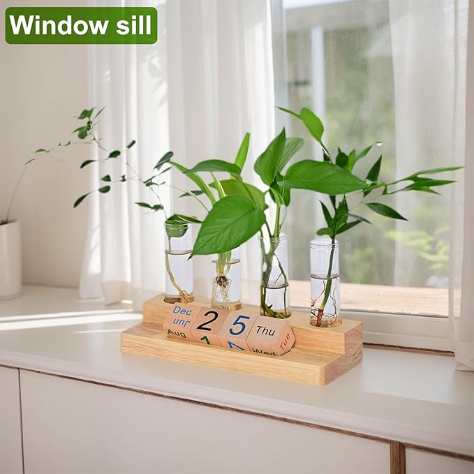 Plant Propagation Station with Block Calendar for Desk, Double-Layer Stand Design, More Stable Placement, Perfect Gardening Gifts for Plant Lovers Women (Light Wood Color)
