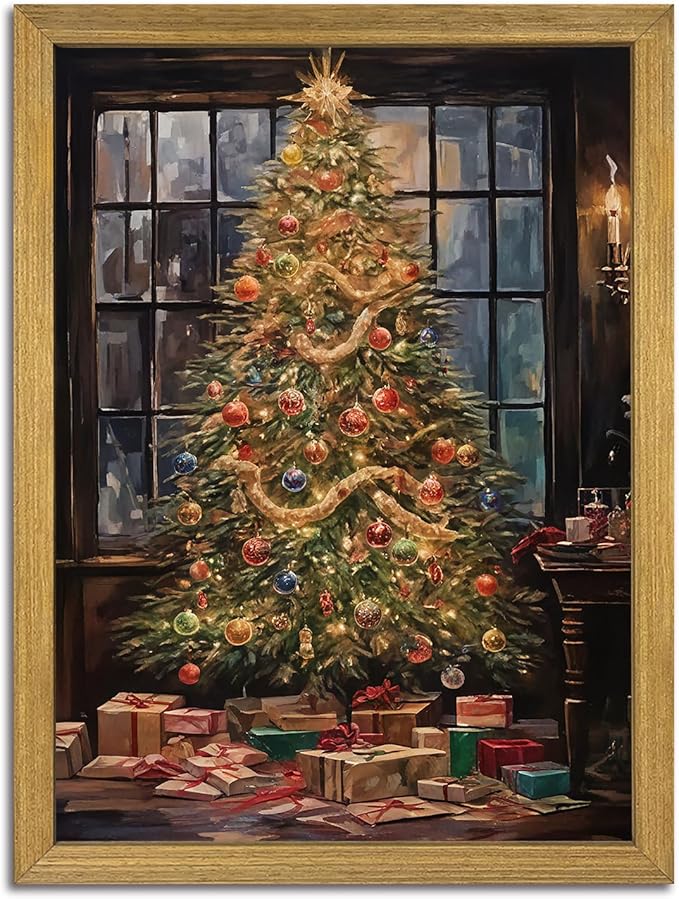 Christmas Canvas Wall Art, Vintage Christmas Tree Decor, Living Room Pine Tree Decorations, Winter Cottagecore, Decor for Bedroom Bathroom Xmas Holiday Decorations Gifts 16x24 Inch Wood Framed