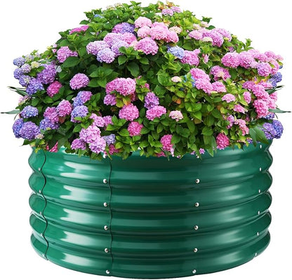 17" Tall Round Outdoor Garden Raised Garden Bed Kits-0.8MM Thick Metal Raised Planter Bed/Ground Planter Box for Variety of Flowers,Herbs,Vegetables,Trees (Dark Green, 32 Dia X 16.5 inches)