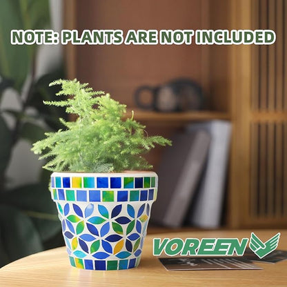 VOREEN 4.2 Inch Decorative Mosaic Terracotta Plant Pot, Handmade Glass Mosaic & Clay Flower Pot with Drainage Plug, Small Indoor Outdoor Planter for Home Decor, Windowsill, Balcony & Covered Patio