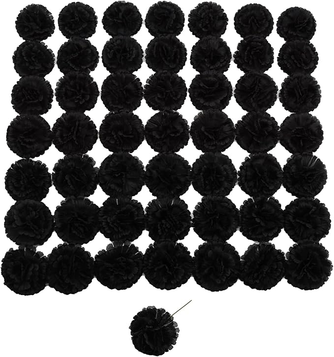 Silk Carnation Flower, 50 Artificial Flowers, Used for Wedding Decoration DIY Handmade Flowers, Carnation Flower Diameter 3.5 Inches and 6 Inches Stem (Black)
