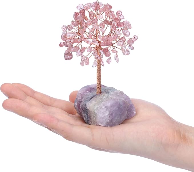 Jovivi Natural Strawberry Quartz Crystal Tree, Raw Healing Crystals Fluorite Base Bonsai Money Tree for Home Office Table Decor Wealth and Luck