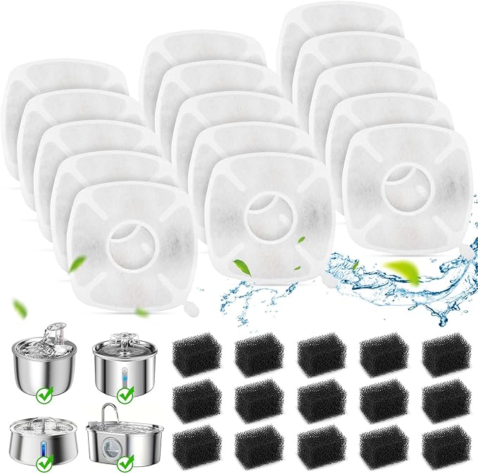 15+15 Pack Cat Water Fountain Filters, Replacement Pet Carbon Filtration with 15 Pre-Filter Sponges for Dog Stainless Steel Fountain, Fit for 67oz, 95oz, 108oz or 135oz Automatic Dog Water Dispenser