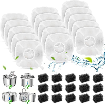 15+15 Pack Cat Water Fountain Filters, Replacement Pet Carbon Filtration with 15 Pre-Filter Sponges for Dog Stainless Steel Fountain, Fit for 67oz, 95oz, 108oz or 135oz Automatic Dog Water Dispenser