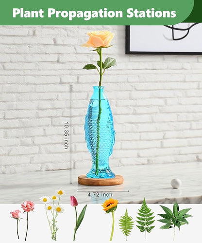 Nacome Fish Vase Propagation Stations: Glass Plant Terrarium with Wooden Stand for Home Office Desk Decor, Unique Gifts for Plant Lovers Women Mom (Blue)