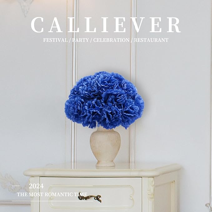 Silk Carnation Flower, 50 Artificial Flowers, Used for Wedding Decoration DIY Handmade Flowers, Carnation Flower Diameter 3.5 Inches and 6 Inches Stem (Blue)