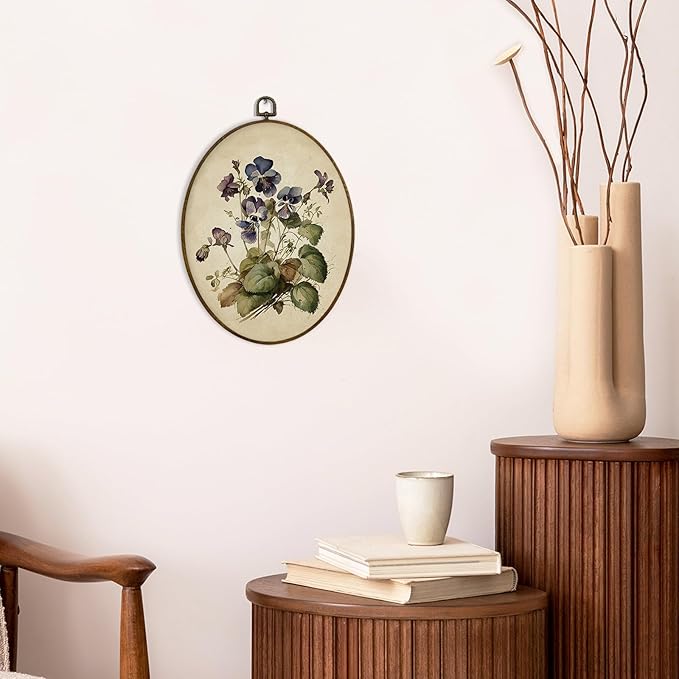 MAQIKA Vintage Purple Flower Oval Framed Wall Art Decor, Floral Wall Decor, Wildflower Oval Wall Hanging Decor, Vintage Botanical Canvas Prints Wall Art for Bedroom Living Room, 8.7x11.3 Inch