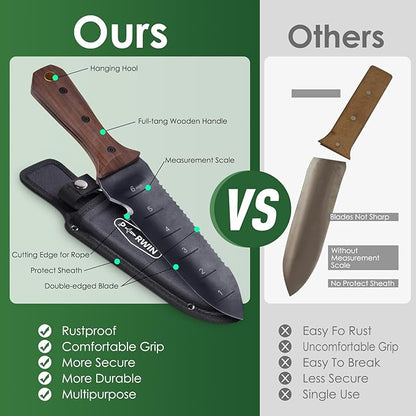 Hori Hori Garden Knife, Garden Tools with Sheath for Weeding, Planting, Digging, 7" Stainless Steel Blade with Cutting Edge, Full-Tang Wood Handle with Hanging Hole