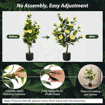 Goplus 38’’ Artificial Camellia Tree, Flower Plants Artificial Tree, Faux Floral Plant Blooming Tree in Cement Pot, Greenery Potted Plant for Indoor Outdoor Office Home Porch Decor