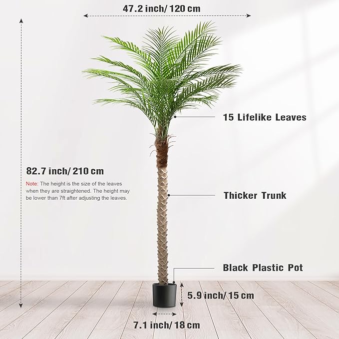 Artificial Phoenix Palm Tree 7ft Tall Outdoor Indoor Decor Fake Plants with 15 Adjustable Leaves, Large Faux Sago Palm Tree for Home Office Living Room Yard Outside Patio Poolside (1, 7ft)