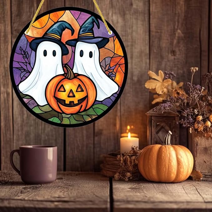 Acrylic Window Hanging Ghosts Pumpkin Stained Panel Window Decoration for Halloween Decorations Outdoor Indoor Garden Yard Home Halloween Decor 12 Inch