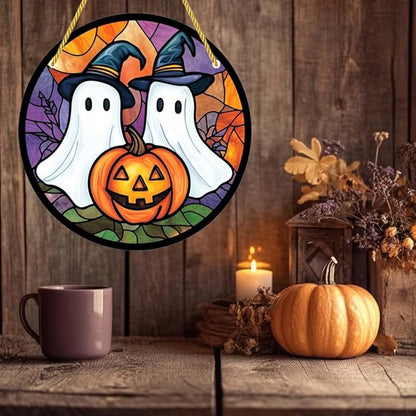 Acrylic Window Hanging Ghosts Pumpkin Stained Panel Window Decoration for Halloween Decorations Outdoor Indoor Garden Yard Home Halloween Decor 12 Inch