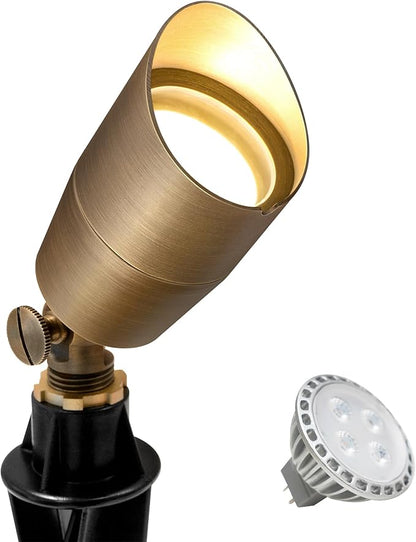 GKOLED Solid Brass Low Voltage Compact Spotlight, 12V AC/DC Waterproof Outdoor Landscape Spot Lights for House Trees Garden Yard Lawn, Up Light with 5W 2700K MR16 Bulb, Stake Included