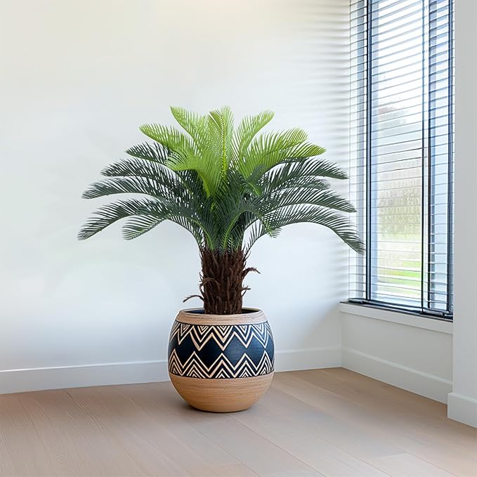 Bellacat 3ft UV Resistant Faux Sago Palm Tree with Natural & Lifelike Bark, 35in Super Full Artificial Cycad Tree with Realistic Leaves, for Home Office Patio Porch Front Door Decor.