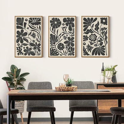 Ausril Black Floral Botanical Framed Canvas Wall Art Set, Abstract Floral Market Wall Decor, Modern Vintage Wall Painting, Boho Minimalist Art Print for Living Room Girl Room Office 16"x24"x3