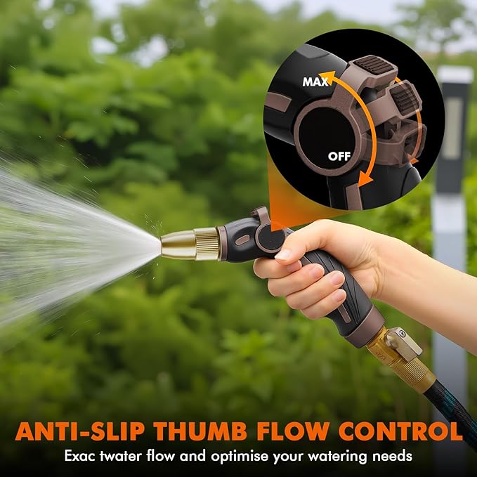 RESTMO High Pressure Hose Nozzle Sprayer, Heavy Duty Brass Head, Metal Water Hose Nozzle for Car Washing, Garden Cleaning, Lawn and Plant Watering, 4 Spray Patterns, Brown