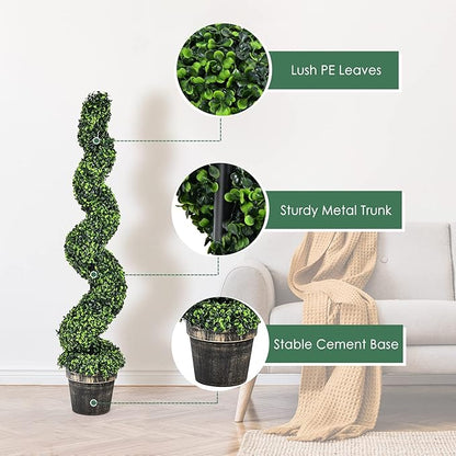 Goplus 4FT Artificial Spiral Boxwood Topiary Tree, 2 Pack Greenery Large Faux Plant in Cement-Filled Plastic Pot, Tall Fake Plant for Indoor Outdoor Home Front Porch Decor