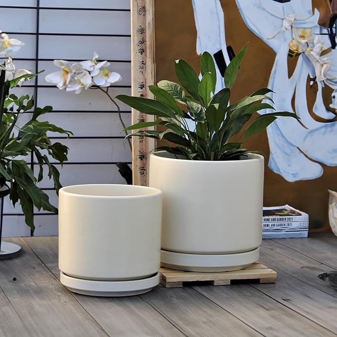 PLANTATOREM Ceramic 14 Inch Mid Modern Planter Pot with Drainage Hole and Saucer, Indoor Cylinder Round Flower Pot, Perfect for Planting Succulents, Herbs, Flowers, House Plants, Cloud White