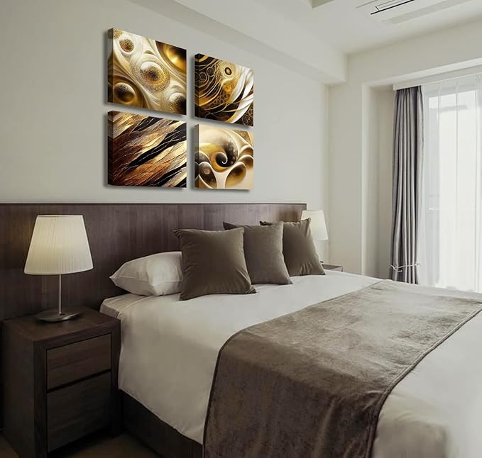 BLINFEIRU Modern Gold Abstract Canvas Wall Art Black and Gold Wall Decor for Living Room Bedroom Abstract Painting Pictures Home Office Artwork Framed Ready to Hang 12x12 Inch