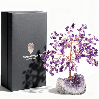 Handmade Chakra Gemstone Crystal Tree of Life,Natural Amethyst with Amethyst Cluster Base,Bonsai Feng Shui Decor Money Tree,Healing Crystals Positive Energy Gift Size 5.5"-6.3"