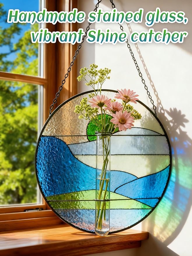 Stained Glass Propagation Stations - Sunshine Catcher Window Hanging Plant Holder, Terrariums Wall Decor for Women Mom Plant Lovers Christmas Gardening Gifts, Green